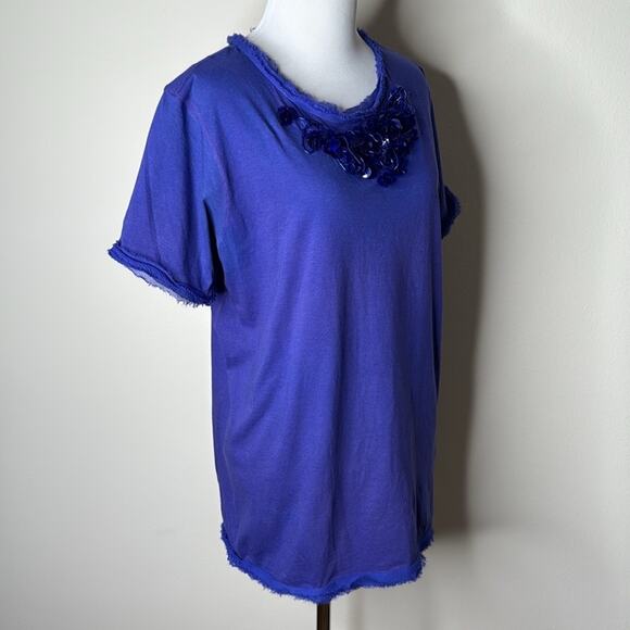 LANVIN Blue Knit Embellished Chiffon Trimmed Tee - Picture 3 of 8